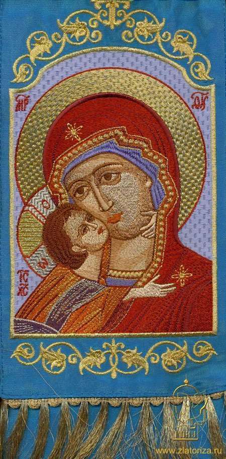 Закладка, вышитая с иконой Богородицы Владимирская, голубая + золото, шир. 14,5 см