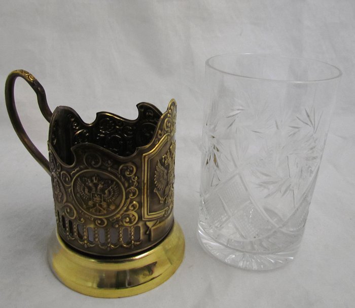 Набор для чая Герб подстаканник латунь, хрустальный стакан, чайная ложка , коробка