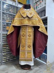 Облачение иерейское парча, желтое с золотом + бордо окантовка.. Облачение иерейское парча, желтое с золотом + бордо окантовка..