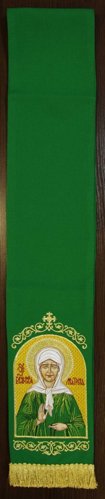 Закладка для служебных книг, с иконой Святой блаженной Матроны Московской, вышитая, зеленая + золото, шир. 14,5 см. + золото, 14,5 см
