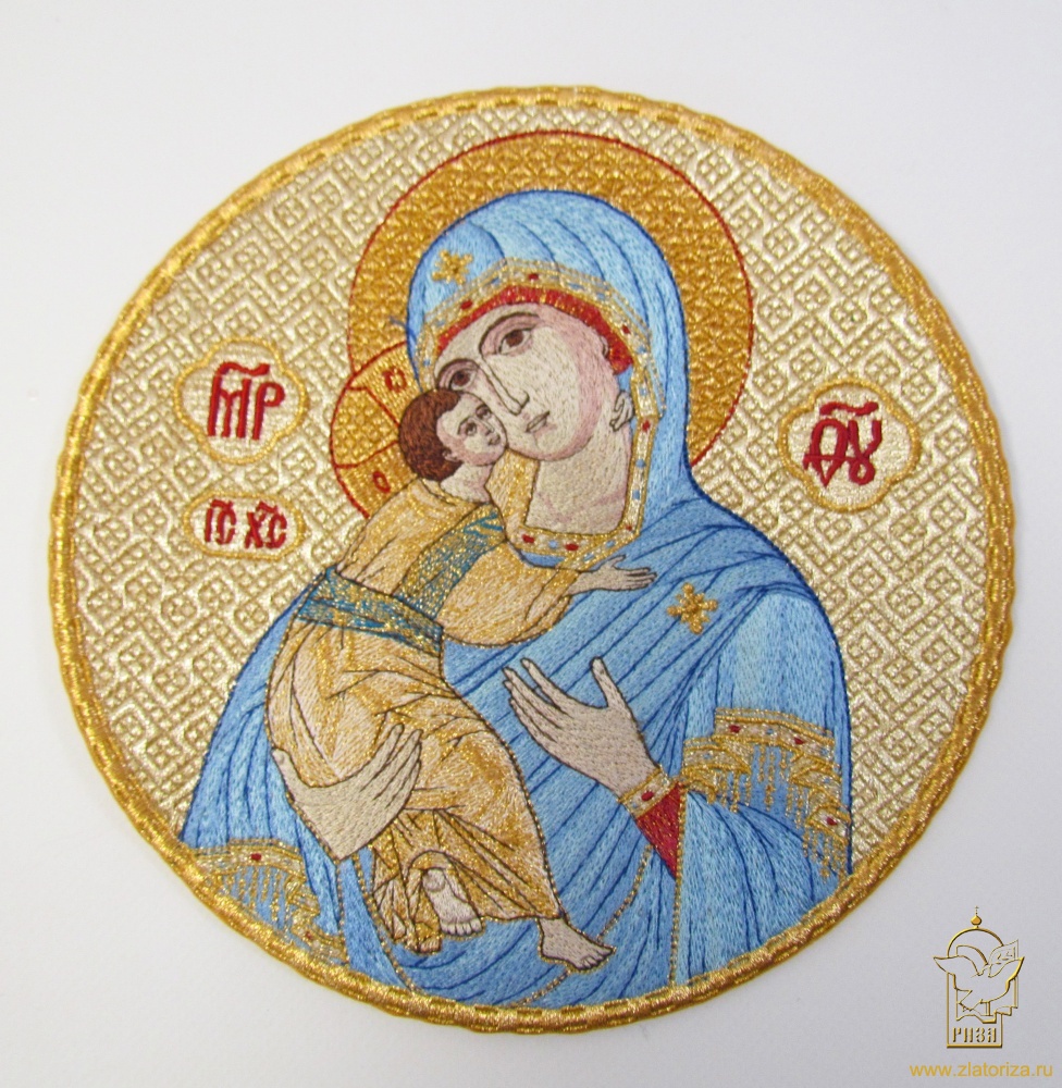 Икона Богородицы Владимирская, вышитая, диаметр 20 см