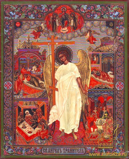 Икона Ангел Хранитель с предстоящими А020, двойное тиснение 17,2х20,8 на деревянной доске