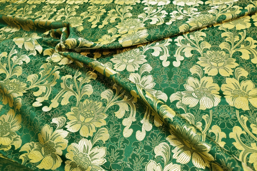 Шелк САМОЦВЕТЫ, зеленый с золотом, шир. 150 см, Рахманово