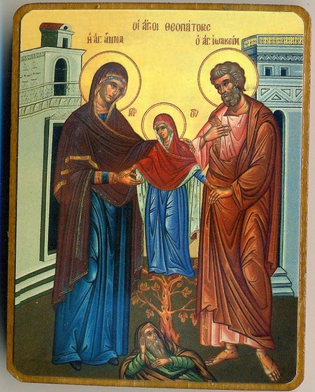 Икона Иоаким и Анна №444 р. 2 литография 7х9 см на деревянной доске