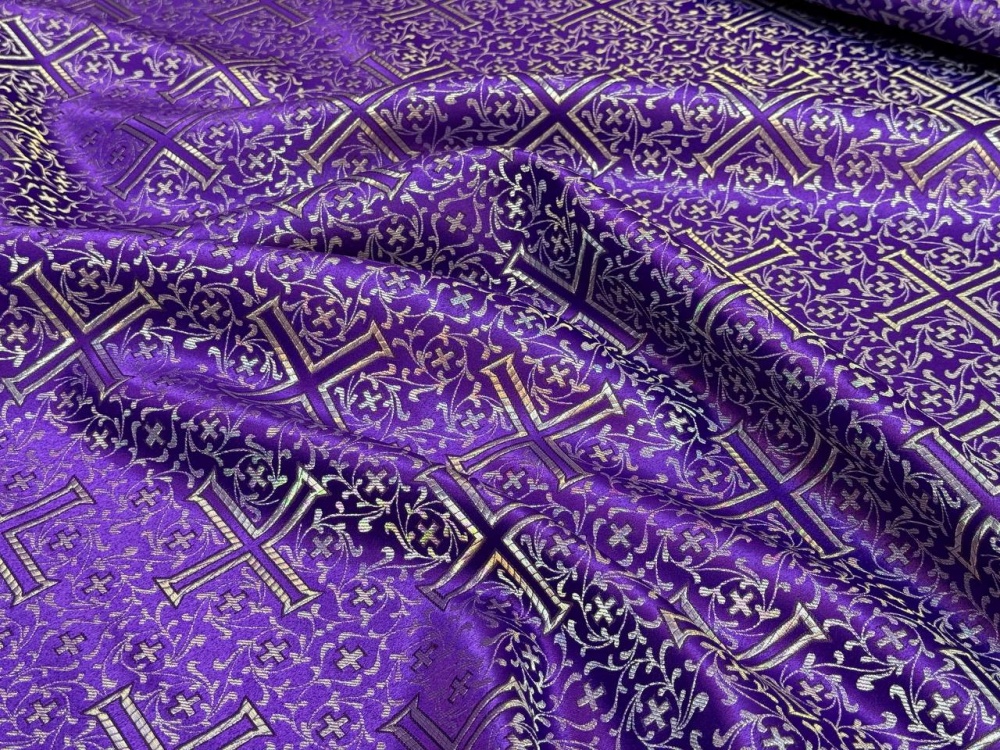 Парча АФОН/ВИЗАНТИЙСКИЙ КРЕСТ, фиолетовая с серебром, шир. 150 см, Рахманово