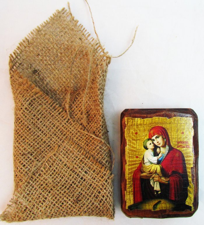 Икона Почаевская Божией Матери полиграфия 7х10 см, на дереве, текстильная упаковка