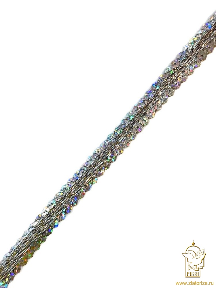 Тесьма декоративная ЕЛОЧКА серебряная, с паетками