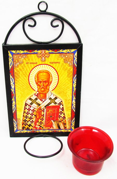 Икона Николай святитель архиепископ Чудотворец с лампадой полиграфия керамика подвесная металлическая рамка 190260