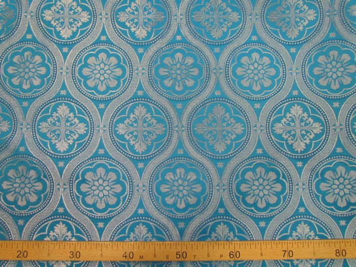 Парча ВИЗАНТИЙСКИЕ КРУГИ, голубая с серебром, шир. 150 см, Павловский Посад
