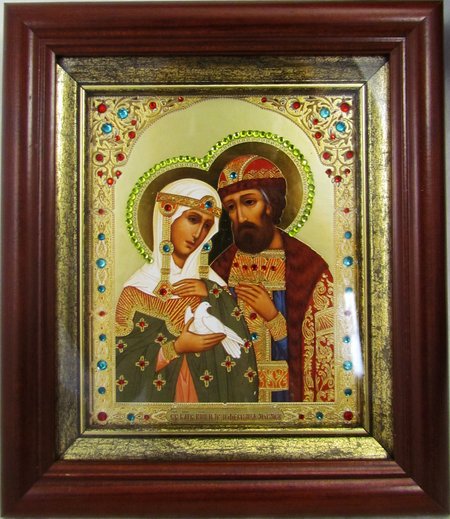Икона Петр и Феврония святые благоверные князья двойное тиснение 16х18 в киоте под стеклом со стразами