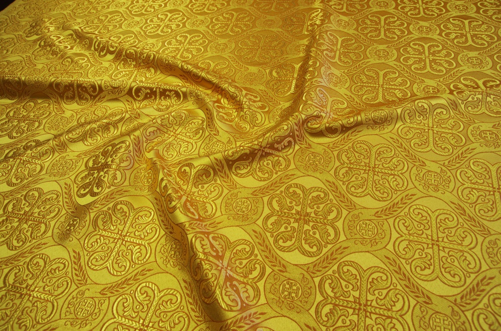 Шелк РАСЦВЕТШИЙ КРЕСТ, желтый с золотом с горчичной окантовкой, шир. 150 см, Рахманово