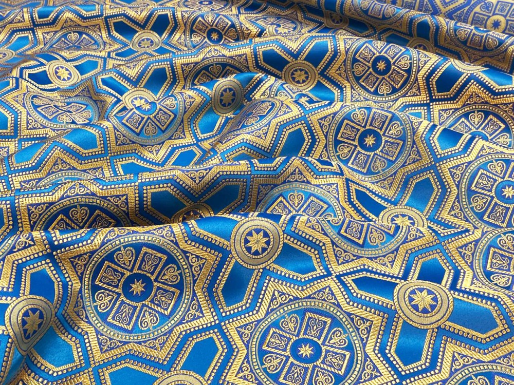 Шелк НЕВСКИЙ, голубой с золотом, шир. 150 см, Рахманово