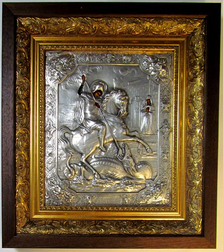 Икона Георгий Победоносец великомученик серебрение, (метод гальванопластики), багет, полиграфия