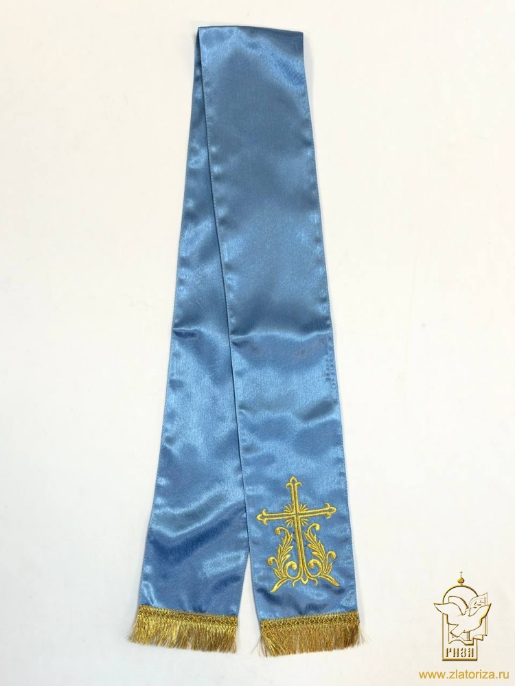Закладка вышитая, креп, голубая с золотом, шир. 13 см
