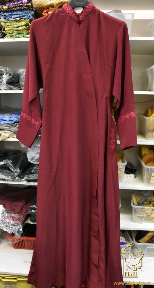 Подрясник РУССКИЙ, мужской, мокрый шелк, бордовый, вышивка