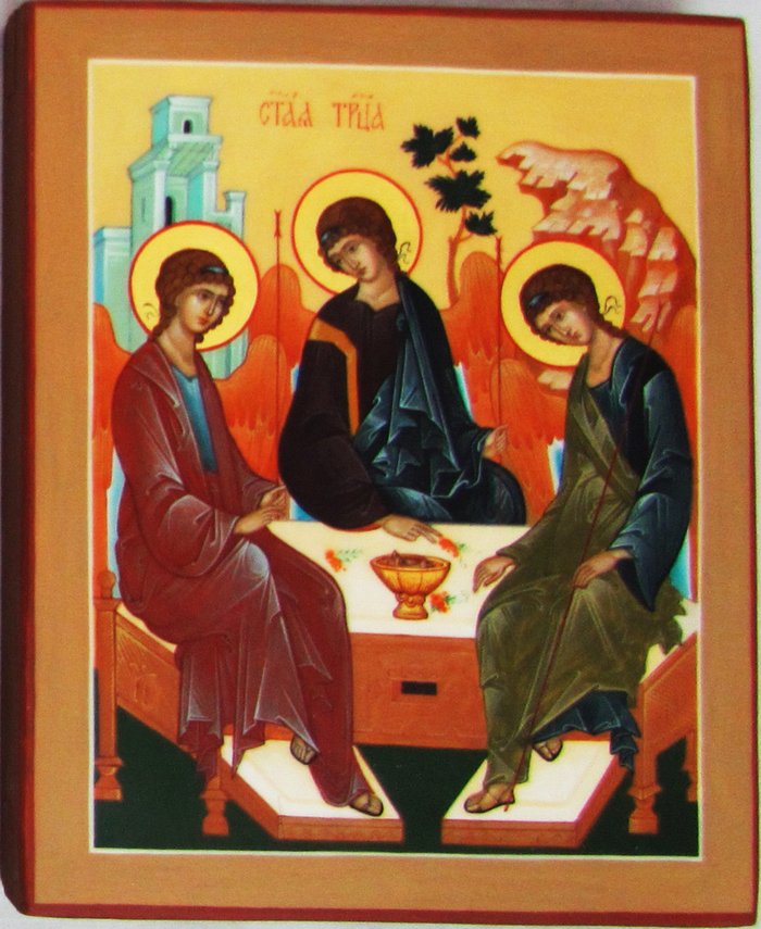 Икона Троица Святая письмо 12х14 см, письмо Палех, на новой доске