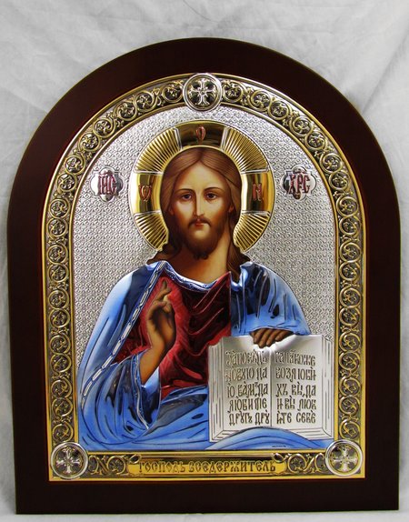 Икона Господь Вседержитель 29х35 серебрение с позолотой эмаль на подставке арка 6393/5WC