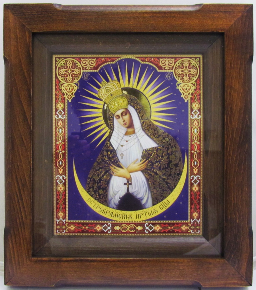 Икона Остробрамская Божией Матери двойное тиснение , на деревянной доске, в рамке под стеклом,