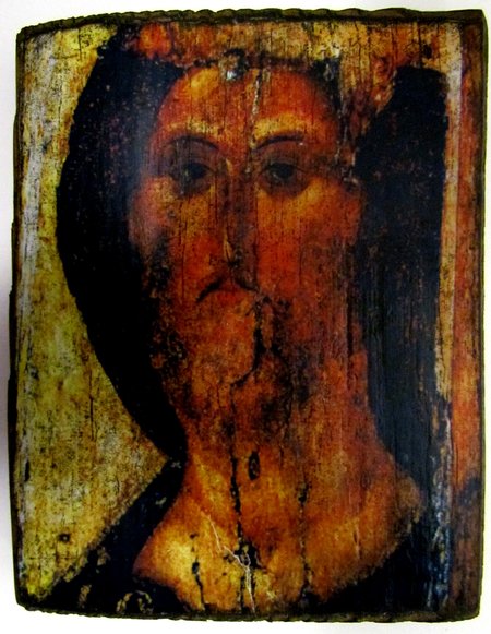 Икона Спаситель (Рублев) - полиграфия, состаренное дерево, 14х18 см