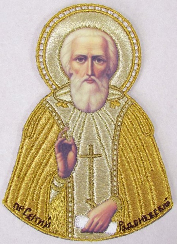 Икона Сергия Радонежского святого преподобного, высота. 16-17 см, вышитая