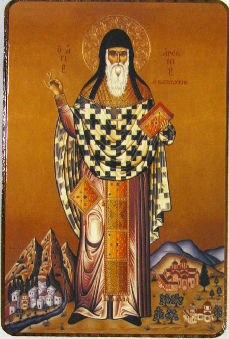 Икона Арсений Каппадокиский святой преподобный №179, литография 6х9 на деревянной доске