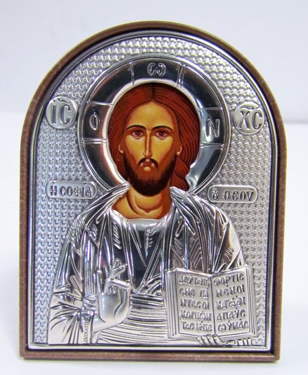 Икона Господь Вседержитель шелкография 5,8х7,5 арочная форма, серебряный оклад, в пластмассе