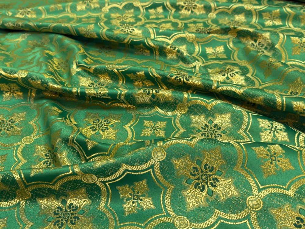 Шелк КЕФАЛОНИЯ, зеленый с золотом, шир. 150 см, Павловский Посад
