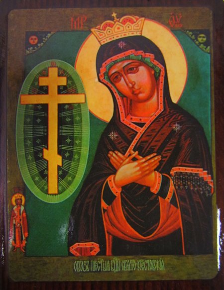 Икона Свято-Крестовская Божия Матерь №138 р2 литография 6х9 на деревянной доске