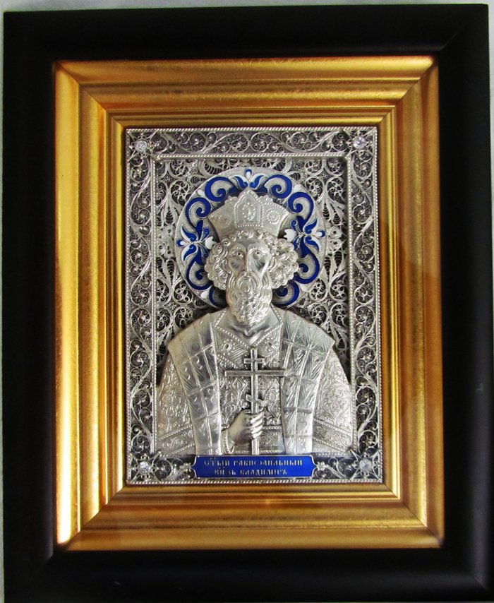 Икона Владимир святой равноапостольный князь (поясной), серебрение, багет (метод гальванопластика), скань, эмаль 0103010025