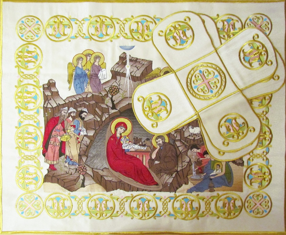 Покровцы Рождество Христово, белые золото/серебро, вышитые, 88 х 75