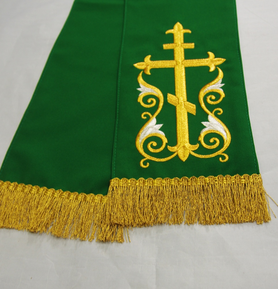 Закладка, вышитая, габардин, зеленая с золотом, шир. 14 см