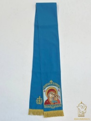 Закладка, вышитая с иконой Богородицы Казанская, голубая + золото, шир. 14,5 см