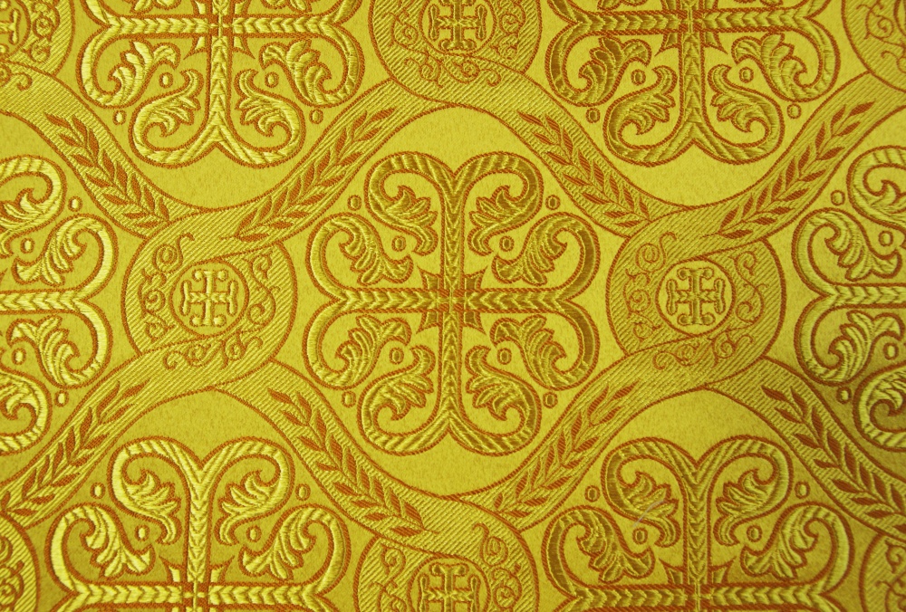 Шелк РАСЦВЕТШИЙ КРЕСТ, желтый с золотом с горчичной окантовкой, шир. 150 см, Рахманово