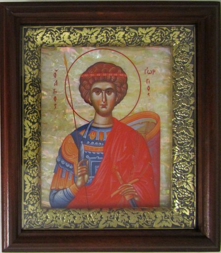 Икона Георгий святой великомученик полиграфия на перламутре 16х18 в киоте с багетной рамкой