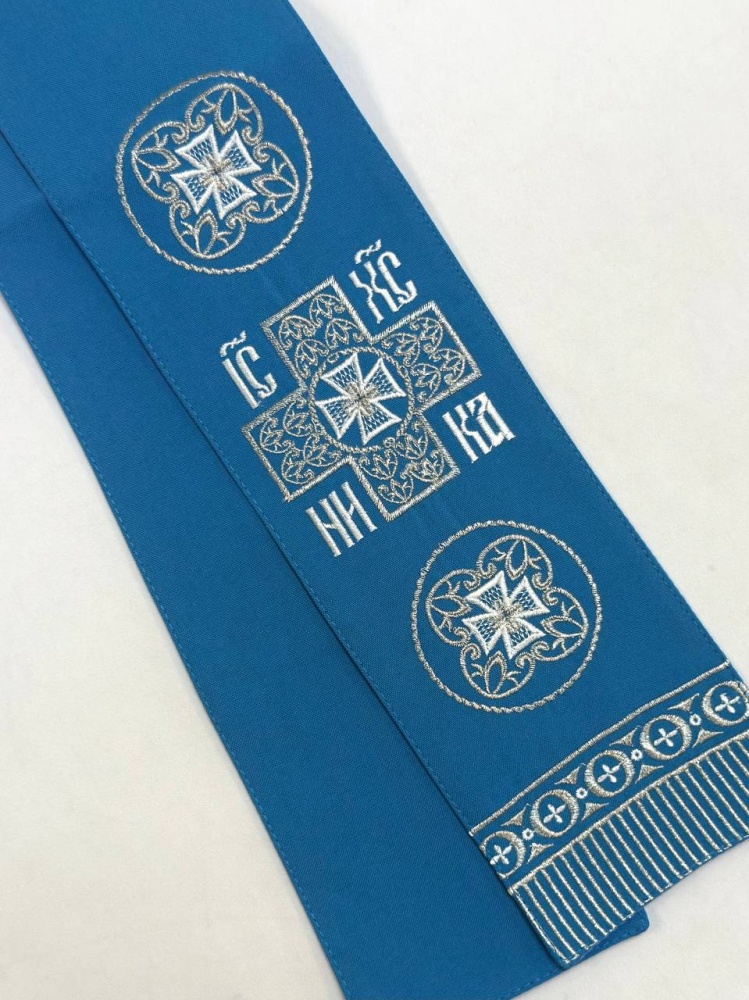 Закладка вышитая, голубая с серебром, шир. 10 см