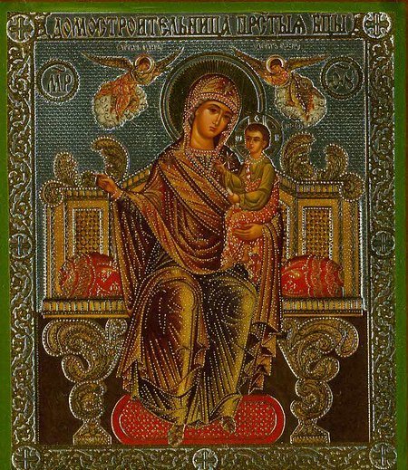 Икона Домостроительница Божия Матерь Б116 двойное тиснение 8,8х10,4 на деревянной доске