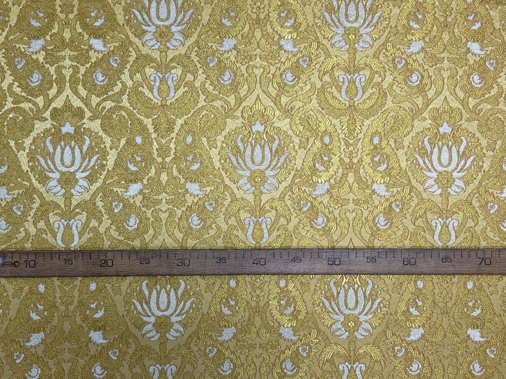 Парча ФЕНИКС, желтая с золотом и серебром, шир. 150 см, Рахманово