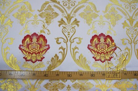 Шелк РОЗА ПАВЛОВСКАЯ, белая с красным, с золотом, шир. 150 см, Павловский Посад