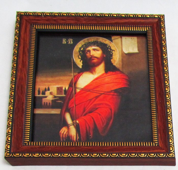 Икона Спаситель в терновом венце двойное тиснение 12,5х14,5 см, картон, рамка под стеклом