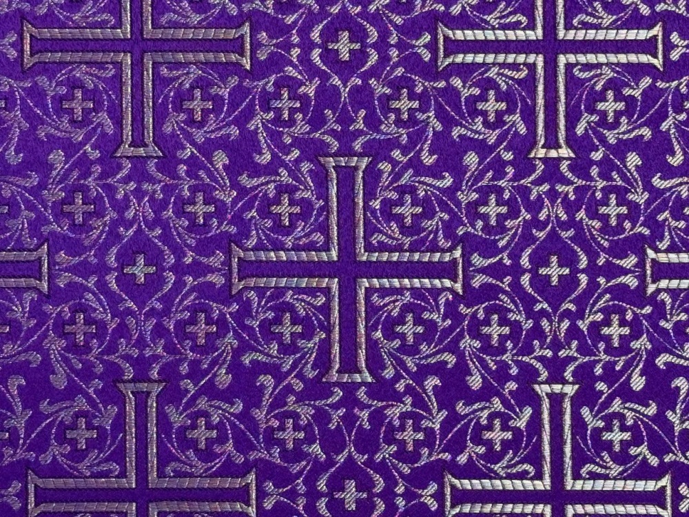 Парча АФОН/ВИЗАНТИЙСКИЙ КРЕСТ, фиолетовая с серебром, шир. 150 см, Рахманово