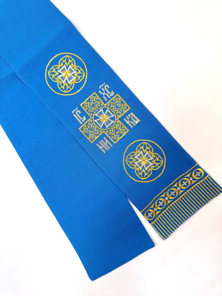 Закладка вышитая, голубая с золотом, шир. 13 см