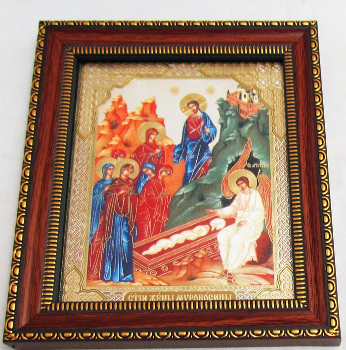 Икона Жены мироносицы святые вариант 1 двойное тиснение 12,5х14,5 см, картон, рамка под стеклом