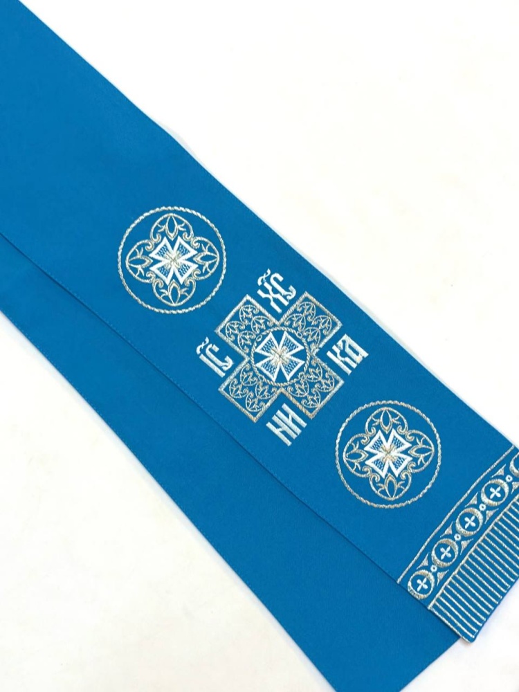 Закладка вышитая, голубая с серебром, шир. 13 см