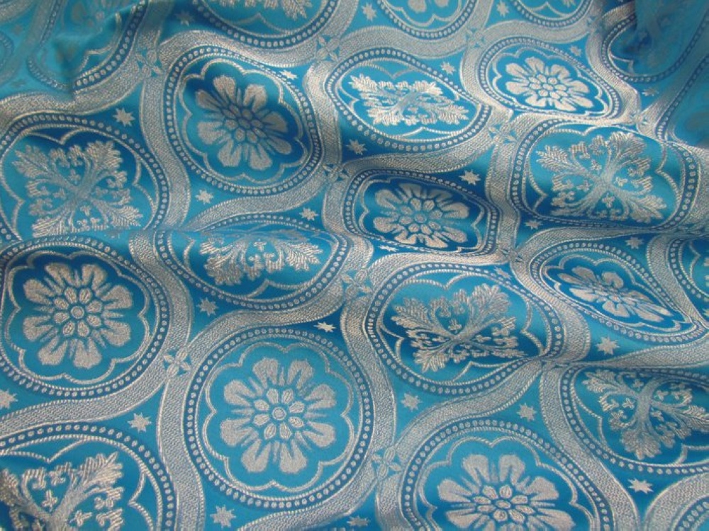 Парча ВИЗАНТИЙСКИЕ КРУГИ, голубая с серебром, шир. 150 см, Павловский Посад