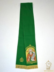 Закладка для служебных книг, с иконой Святого Преподобного Сергия Радонежского, вышитая, зеленая + золото, шир. 14,5 см. + золото, 14,5 см