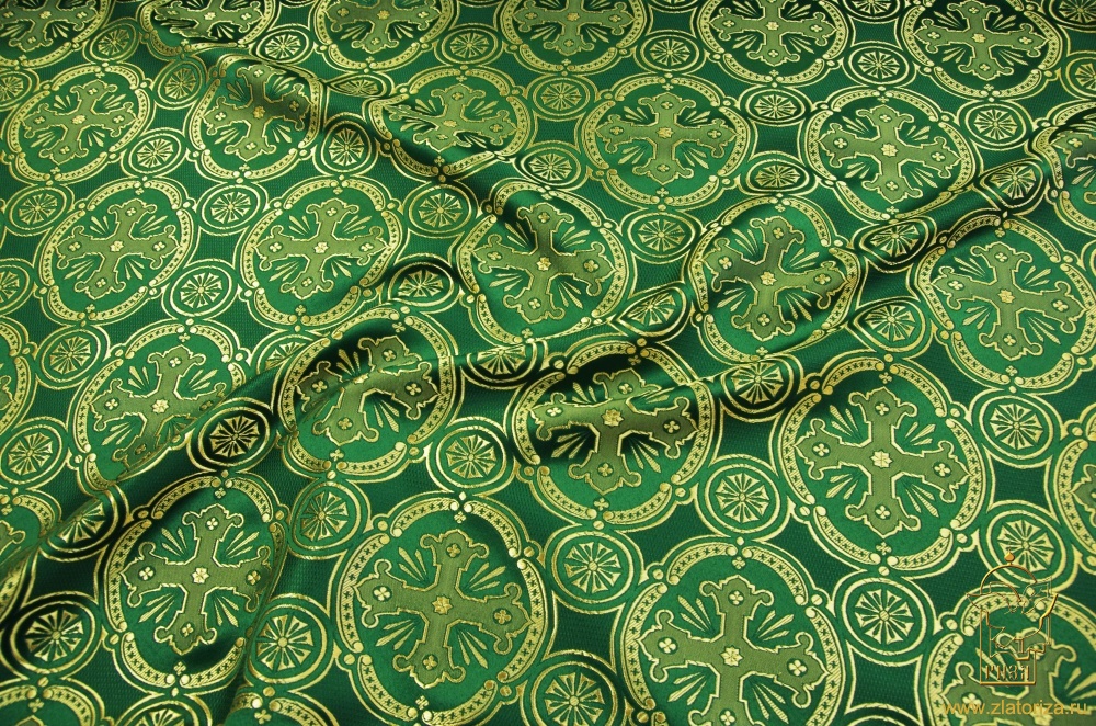 Шелк ПАСХАЛЬНЫЙ, зеленый с золотом, шир. 150 см, Рахманово