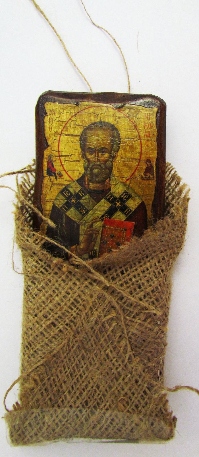 Икона Николай Чудотворец святитель, полиграфия 7х10 см, на дереве, текстильная упаковка