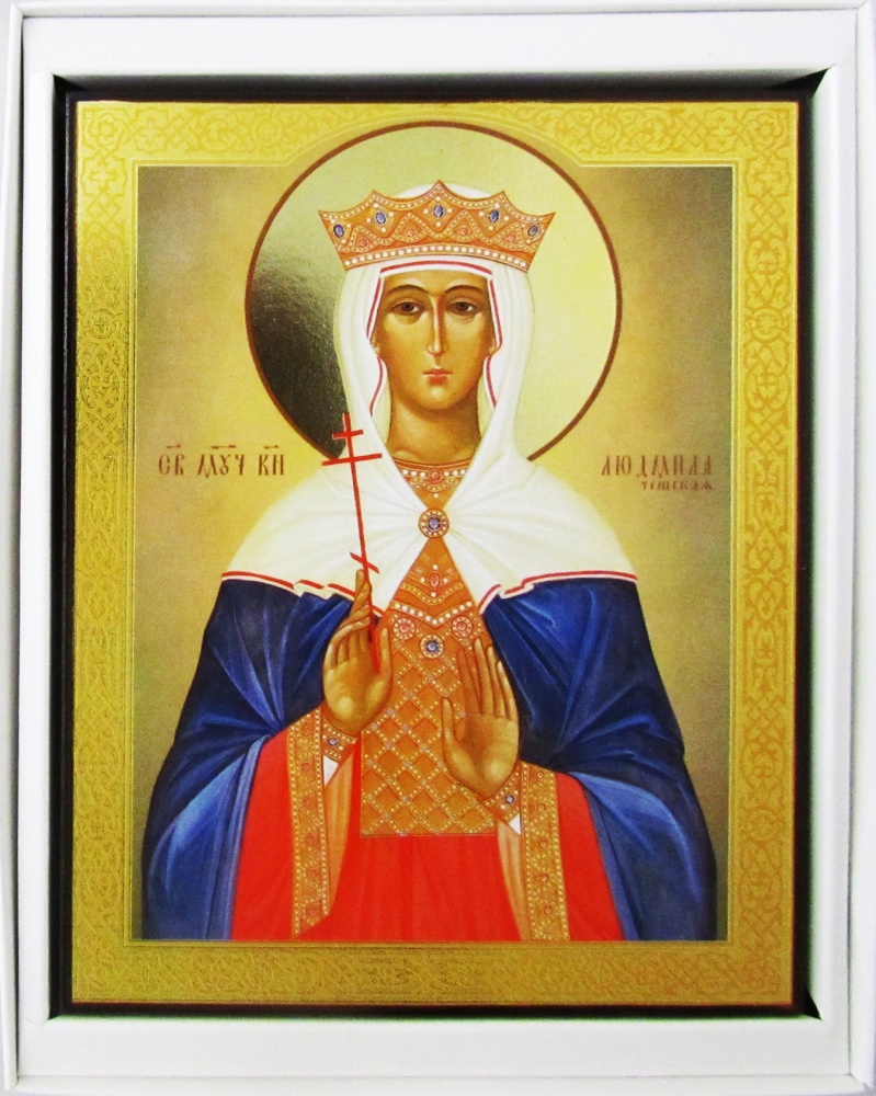 Икона святой мученицы княгини Людмилы Чешской 12,7х15,8 прямая УФ печать лакировка, золочение МДФ