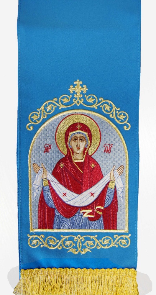 Закладка, вышитая с иконой Богородицы Покров, голубая + золото, шир. 14,5 см