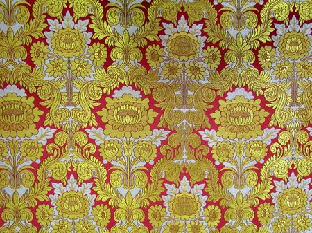 Парча ЛЕОНИЛ, красная с золотом, с серебром, шир. 150 см, Рахманово